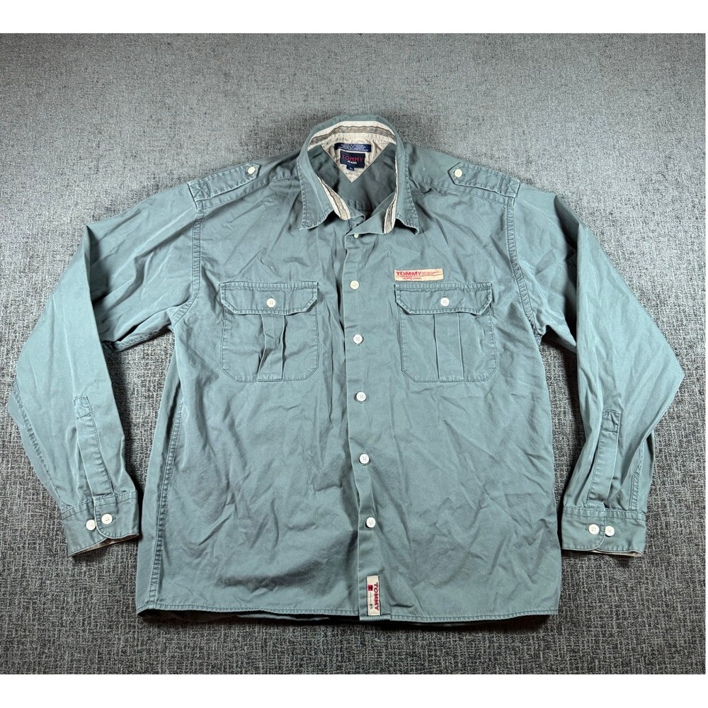 Tommy Jeans Mens Long Sleeve Button Up Utility Shirt Green Blue Epaulettes Large